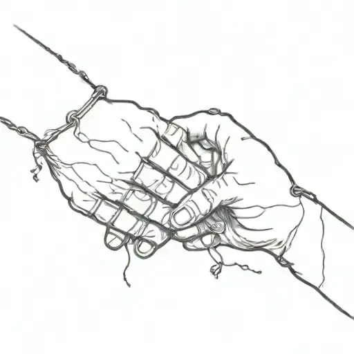 couple's hands that join their index fingers with broken chains that intertwine them and the debate between the heart and the brain tattoo design idea