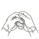 couple's hands that join their index fingers with broken chains that intertwine them and the debate between the heart and the brain tattoo design idea