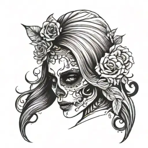 a tattoo with a half-skull woman's face tattoo design idea