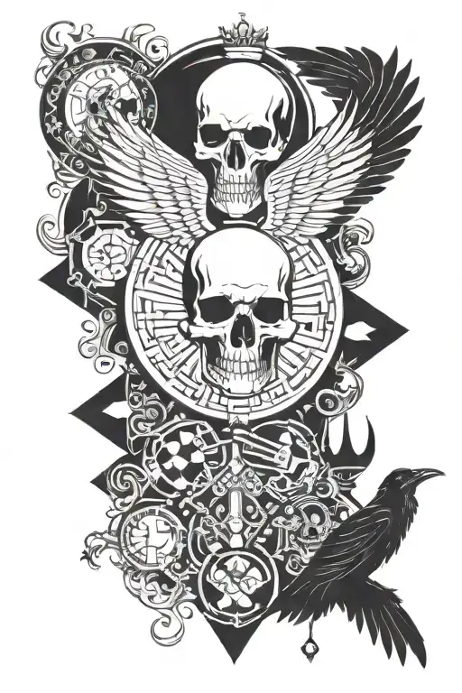 skull, spade symbol, circle with 3 lines across, raven wings, rain cloud, sun, king and queen chess pieces,  tattoo design idea