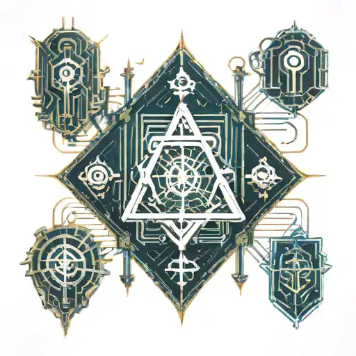 A tattoo design combining elements of cyber security and alchemy, such as a digital lock with alchemical symbols intertw tattoo design idea