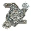 A tattoo design combining elements of cyber security and alchemy, such as a digital lock with alchemical symbols intertw tattoo design idea