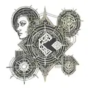 A tattoo design combining elements of cyber security and alchemy, such as a digital lock with alchemical symbols intertw tattoo design idea