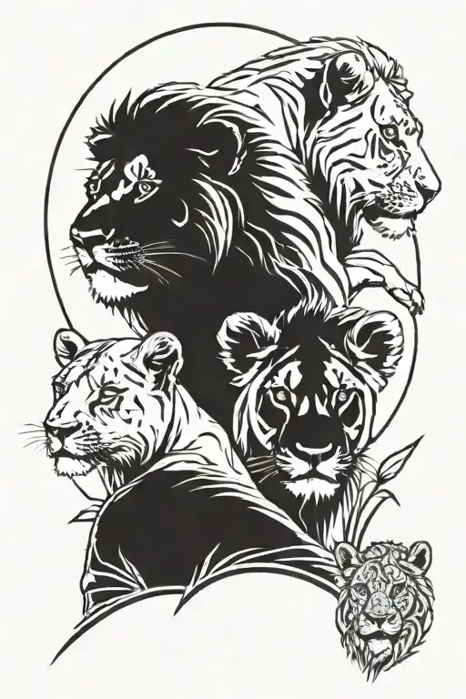 3 lion cubs with mountain scene tattoo design idea