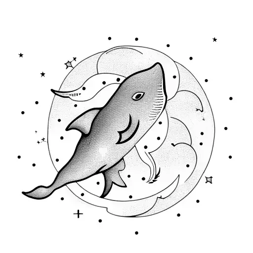A surreal blackwork tattoo of a whale flying through a night sky filled with constellations tattoo design idea