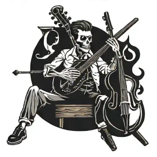 A greaser skeleton wearing a white tucked shirt and black pants and creepers on, and on top of a double bass guitar  tattoo design idea