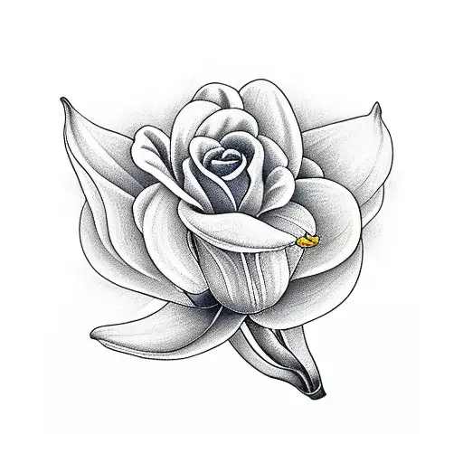 pink tulip, red rose, white daisy, baby breath, white calla lily, blue forget me not, lavender, marigold, leaves, stems tattoo design idea