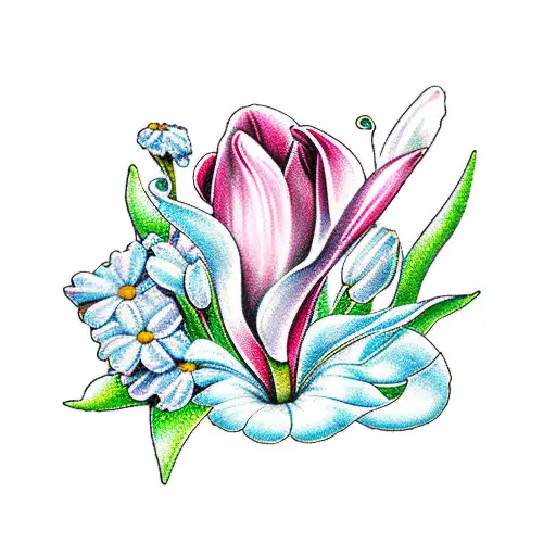 pink tulip, red rose, white daisy, baby breath, white calla lily, blue forget me not, lavender, marigold, leaves, stems tattoo design idea