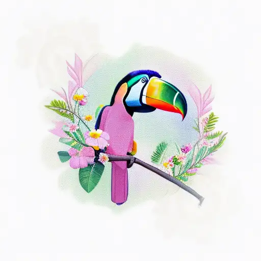 toucan with flowers tattoo design idea