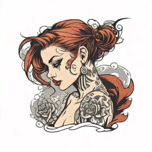 intense seductive girl with short red hair  tattoo design idea