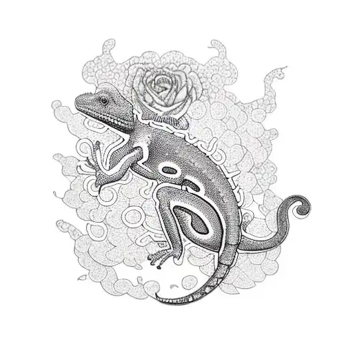 A dotwork tattoo of a chameleon blending in with a typewriter tattoo design idea