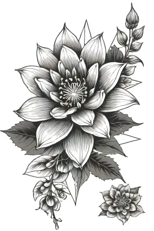 holly flowers, water lily and cosmos single flowers combined  tattoo design idea