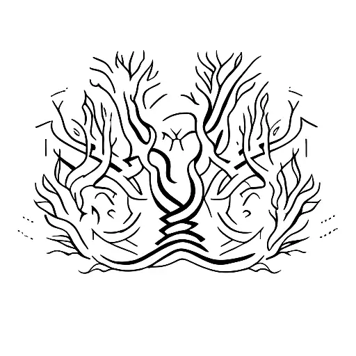 A minimalist tattoo of a guitar with roots that transform into branches of a tree, symbolizing the connection between music and nature. tattoo design idea