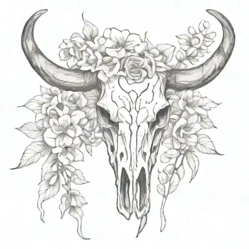 longhorn skull surrounded by flowers coming out of the eyes tattoo design idea