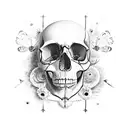 A skull made out of baking utensils and surrounded by butterflies tattoo design idea