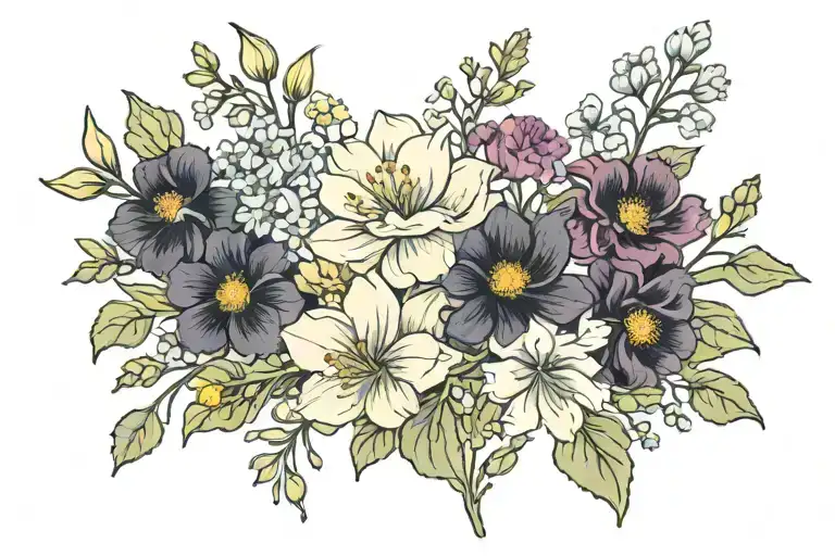 marigolds cosmos carnation Hawthorne delphiniums narcissus tattoo design idea