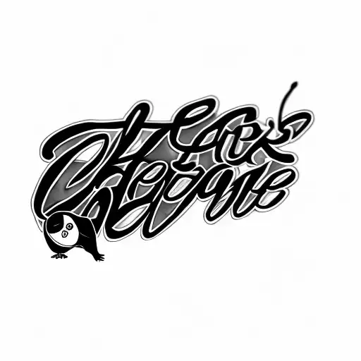 script tattoo with a penguin and a pokeball. tattoo design idea