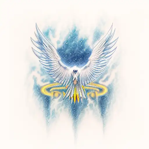 Opened wings flying falcon, thunder storm on sea with wind detail tattoo design idea