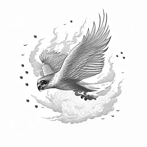 flying falcon, thunder storm on sea with wind detail tattoo design idea
