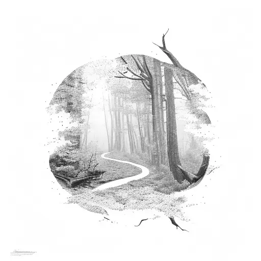 A trail winding through a forest with a full moon overhead tattoo design idea