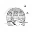A trail winding through a forest with a full moon overhead tattoo design idea