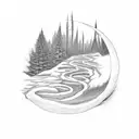 A trail winding through a forest with a full moon overhead tattoo design idea