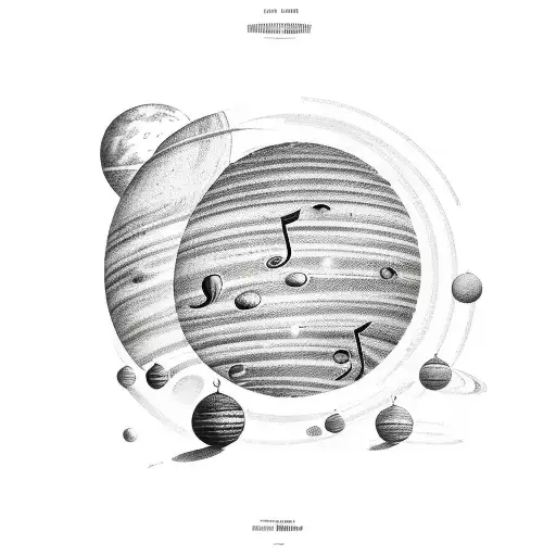 old music hall with one pianist surrounded by planets tattoo design idea