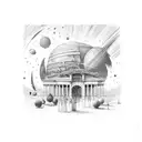 old music hall with one pianist surrounded by planets tattoo design idea