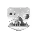 old music hall with one pianist surrounded by planets tattoo design idea