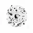 old music hall with one pianist surrounded by planets tattoo design idea