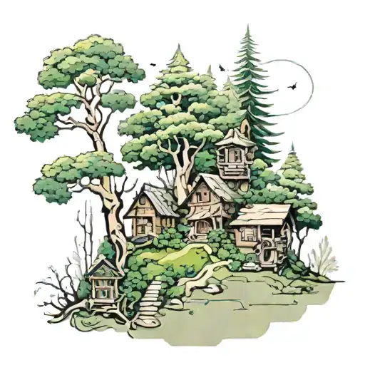 A mystical forest filled with towering trees draped in lush greenery, where fallen trees serve as the foundation for an  tattoo design idea