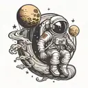 astronaut sittin quarter moon with planet balloons  tattoo design idea