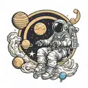 astronaut sittin quarter moon with planet balloons  tattoo design idea