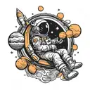astronaut sittin quarter moon with planet balloons  tattoo design idea
