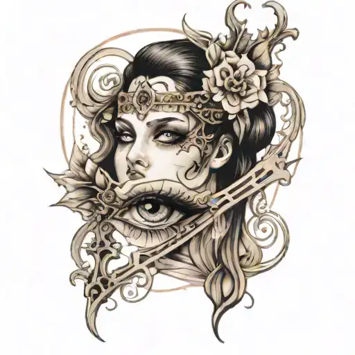woman eyes, phantom of the opera, the cross  tattoo design idea