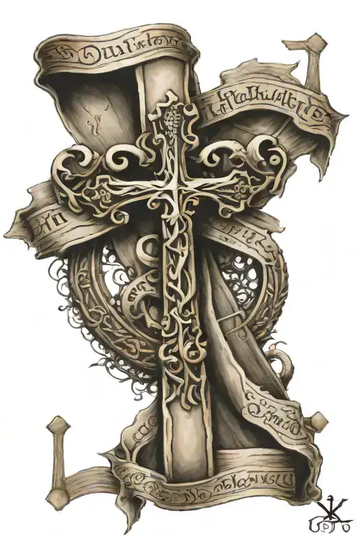 a Christian cross on the back, at the bottom a papyrus banner with “semper fidelis” written on it tattoo design idea