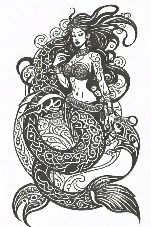 Siren and scuba diver tattoo design idea