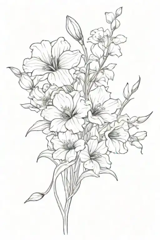 sweet pea, poppy, gladiolus, cosmos flower bouquet tattoo design idea