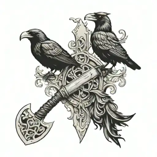 two viking axes and two crows inside tattoo design idea