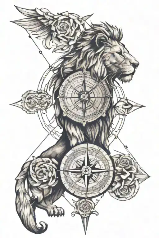 compass gladiator stoic lion rose tattoo design idea
