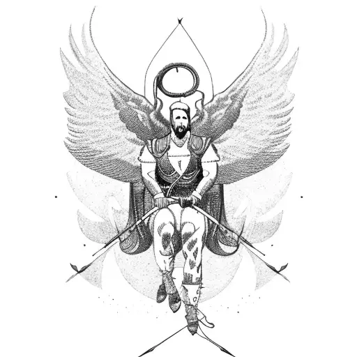Man firing bow and arrow while riding on pegasus tattoo design idea