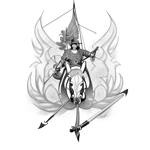 Man firing bow and arrow while riding on pegasus tattoo design idea