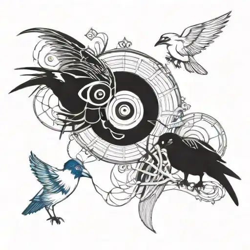 An abstract design incorporating Itachi's Mangekyo Sharingan and crows in a blackwork style tattoo design idea