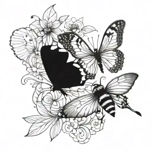 butterflies and bees flying tattoo design idea