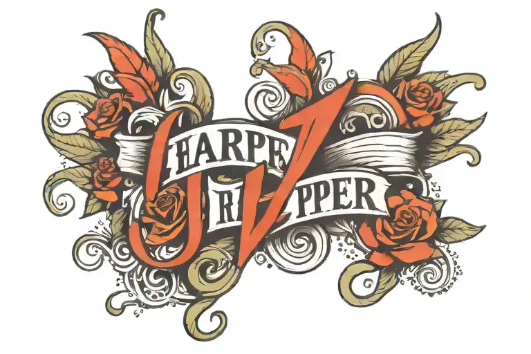graffiti-style tattoo incorporating the name "Harper" and symbols of love and education   tattoo design idea