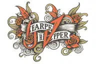 graffiti-style tattoo incorporating the name "Harper" and symbols of love and education   tattoo design idea