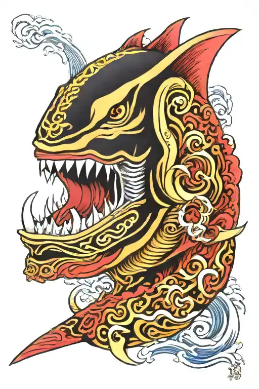 Japanese lake temple water shark mask tattoo design idea