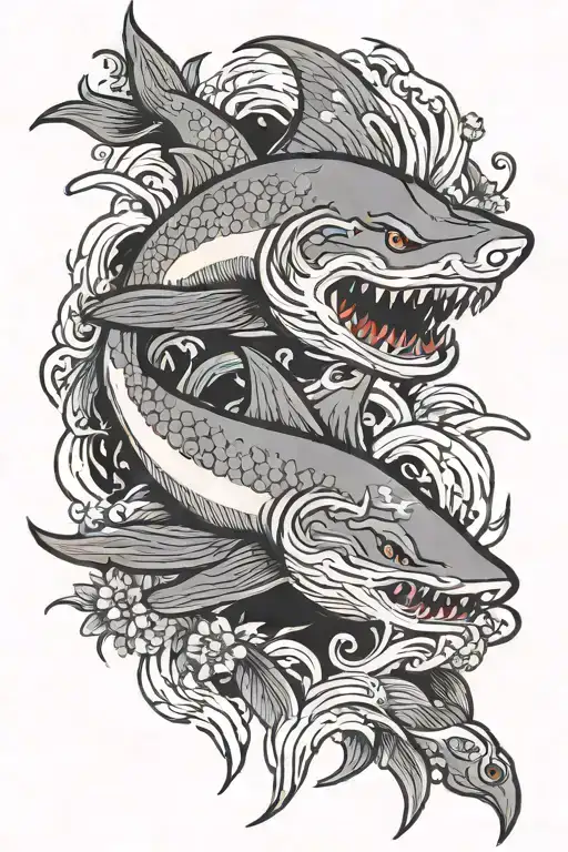 Japanese lake temple water shark tattoo design idea