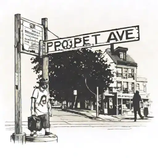 street view with dark figures standing in the street, street sign saying "Prospect Ave", with MB spray painted on street tattoo design idea