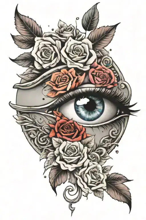 realistic eye surrounded by roses intertwined tattoo design idea
